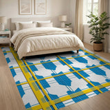 Bold Blue Yellow Geometric Grid Rug
