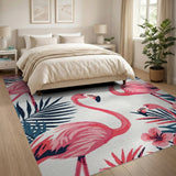 Pink Coastal Beach Pink Flamingo Palm Leaf Area Rug