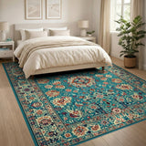 Teal Traditional Persian Area Rug with Floral Medallion