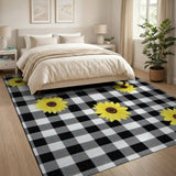 Yellow Sunflower Black White Buffalo Plaid Area Rug