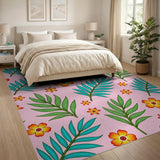 Pink Tropical Palm Leaves and Hibiscus Flower Rug