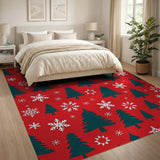 Festive Christmas Trees Snowflakes Red Area Rug