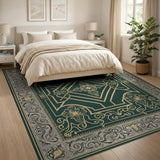Ornate Emerald Green Persian Rug with Gold Filigree
