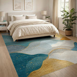 Abstract Teal Wave Rug with Gold Accents