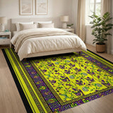 Vibrant Yellow Rug with Purple Tribal Masks Fruits
