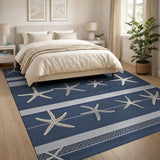 Coastal Beach Blue and Teal Navy Starfish Striped Coastal Area Rug