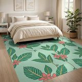 Mint Green Leaf Pink Hibiscus Pattern Area Rug