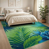 Vibrant Blue Hibiscus and Palm Leaf Area Rug
