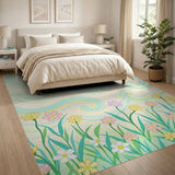 Whimsical Pastel Flowers Teal Swirls Rug
