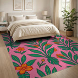 Hot Pink Monstera Orange Hibiscus Area Rug