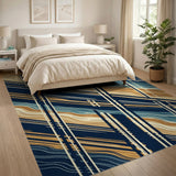 Modern Navy Teal Tan Wavy Stripe Area Rug