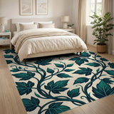 Teal Vine Leaf Pattern Area Rug