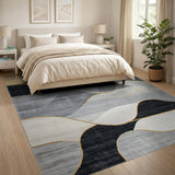 Gold-Accented Abstract Wave Grey Area Rug