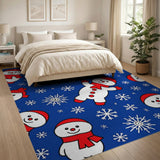 Playful Cartoon Snowmen on Blue Snowflake Rug