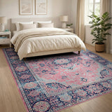 Blush Pink Persian Area Rug with Navy Borders