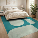 Teal Ivory Curved Geometric Area Rug