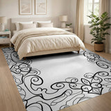 Ornate Floral Swirl Black White Area Rug