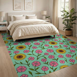 Vibrant Teal Sunflower Pink Floral Area Rug