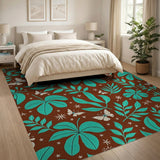 Teal Leaves Butterflies Brown Pattern Area Rug