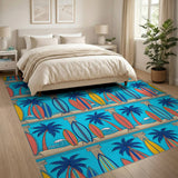 Blue Coastal Surfboard Palm Tree Area Rug