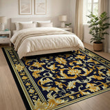 Navy Gold Ornate Floral Area Rug