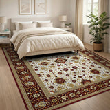 Traditional Persian Floral Area Rug Cream Red Border