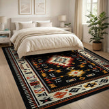 Southwestern Black Tribal Area Rug with Geometric Motifs