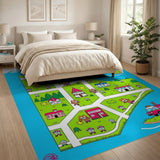 Whimsical Kids Cartoon Town Map Area Rug