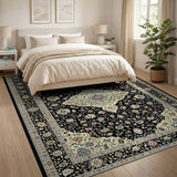 Elegant Black Persian Area Rug with Ivory Floral Motifs