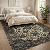 Navy Blue Traditional Persian Area Rug Ivory Field