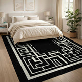 Intricate Black White Labyrinth Maze Area Rug