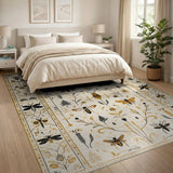Golden Bees Butterflies Floral Cream Rug