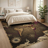 ODIKA Washable Vintage World Map Area Rug - Antique Nautical Low Pile Decor