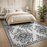 Ornate Black White Bird Floral Persian Rug