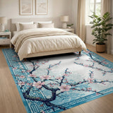 Blue Cherry Blossom Floral Vintage Area Rug