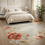 Vintage Red Poppy Floral Border Cream Area Rug