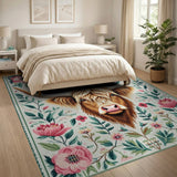 Highland Cow Pink Peony Floral Area Rug