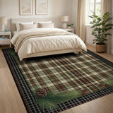 Green Plaid Area Rug with Pinecone Border