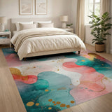 ODIKA Modern Abstract Watercolor Washable Area Rug - Teal & Coral Low Pile Non-Slip Rug