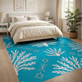 Teal White Sea Fern Coastal Area Rug