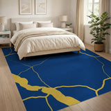 Navy Blue Kintsugi Gold Vein Abstract Area Rug