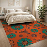 Teal Tribal Flowers Butterflies Orange Area Rug
