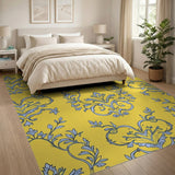 Elegant Blue Floral Damask on Yellow Area Rug