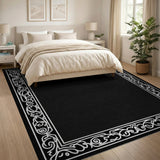 Ornate White Floral Border Black Area Rug
