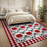Red Tribal Sunburst Rug with Gingham Check Border