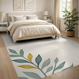 Serene Teal Leaf Border Beige Area Rug