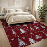 Festive Crimson Christmas Trees Snowflakes Area Rug