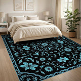 Teal Floral Vintage Area Rug on Black