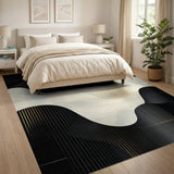 ODIKA Modern Abstract Washable Area Rug - Black & Gold Wavy Geometric Low Pile Non-Slip Carpet