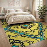 Yellow Teal Persian Area Rug with Damask Motifs